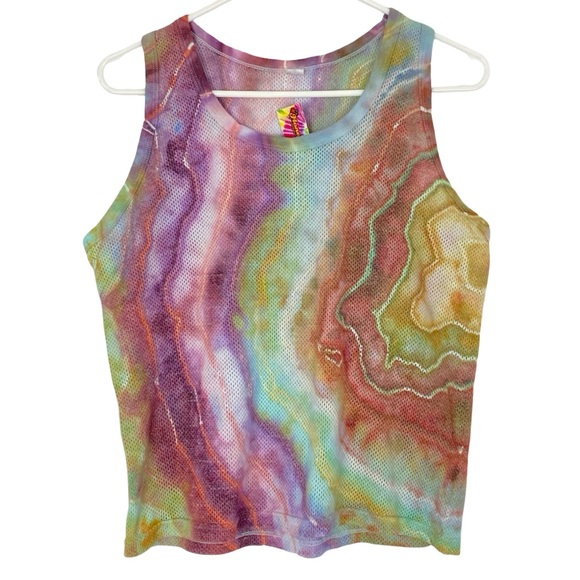Hand Crafted Tops - Handmade Geode Tie Dye Tank Top Shirt Womens Size Small Pastel Mesh Sheer Pink
